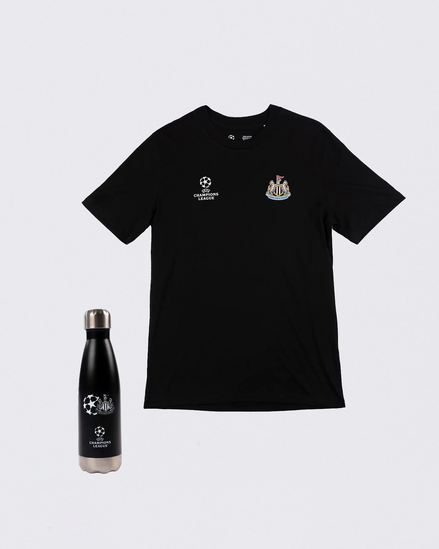 Newcastle United Champions League Black T-Shirt & Bottle Bundle
