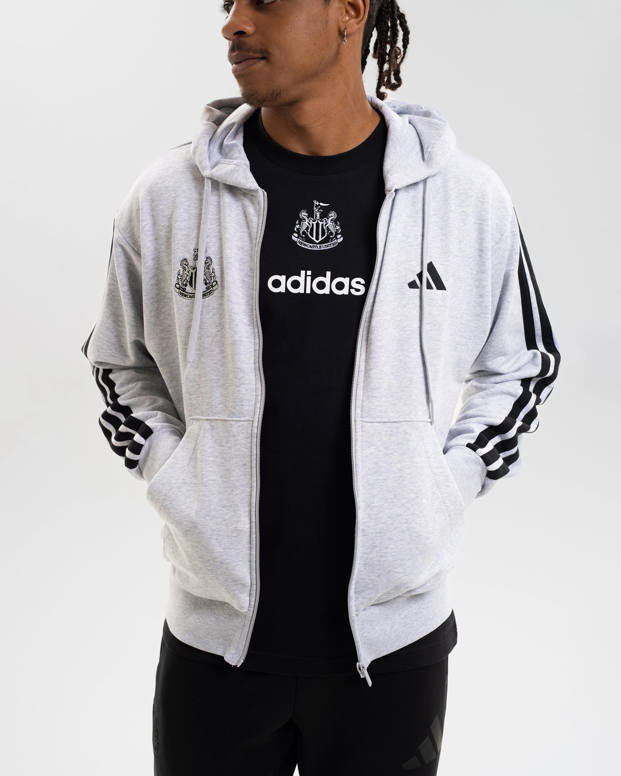 Newcastle United adidas Men's 3-Stripe Light Grey Full Zip Hoodie