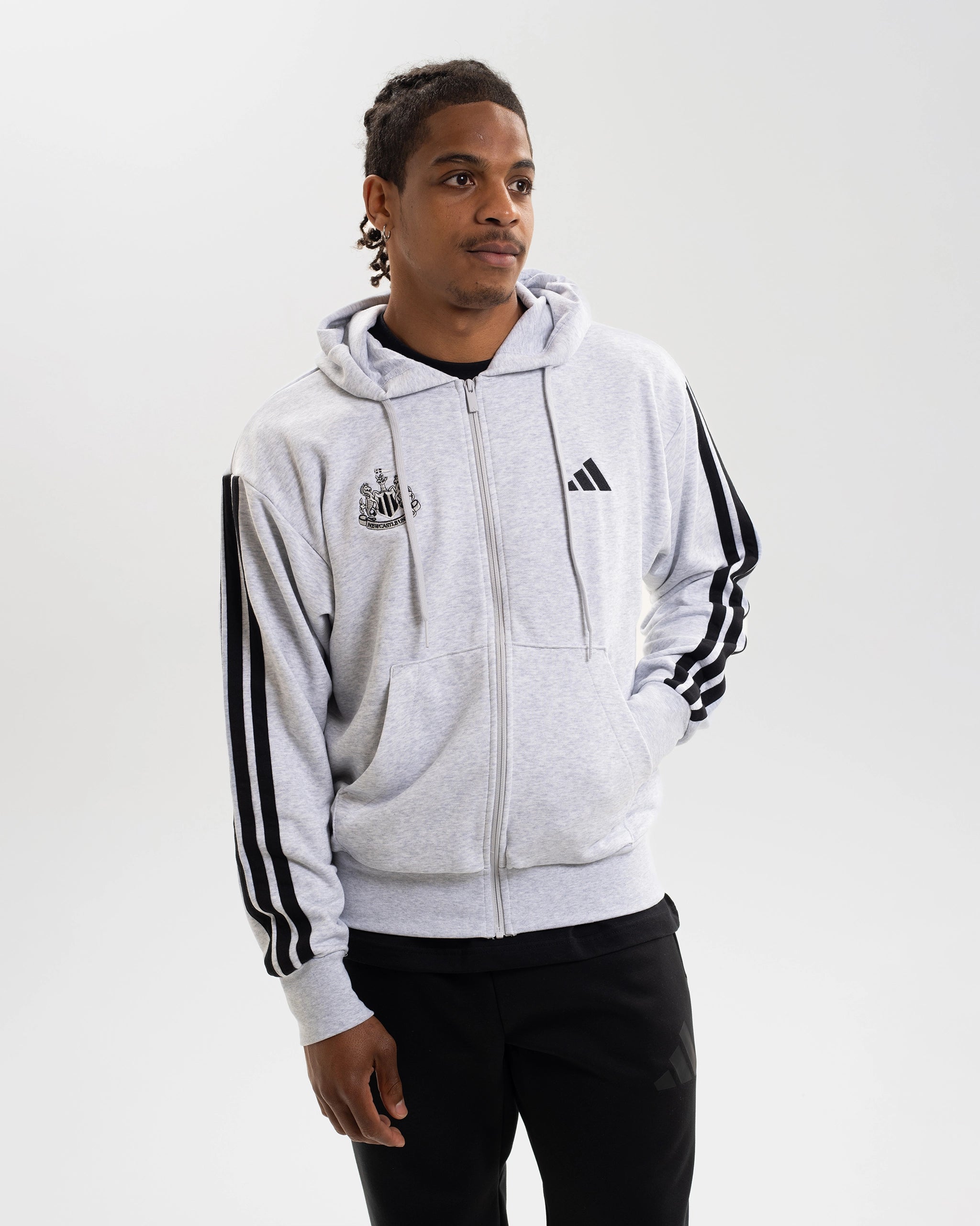 Newcastle United adidas Men's 3-Stripe Light Grey Full Zip Hoodie