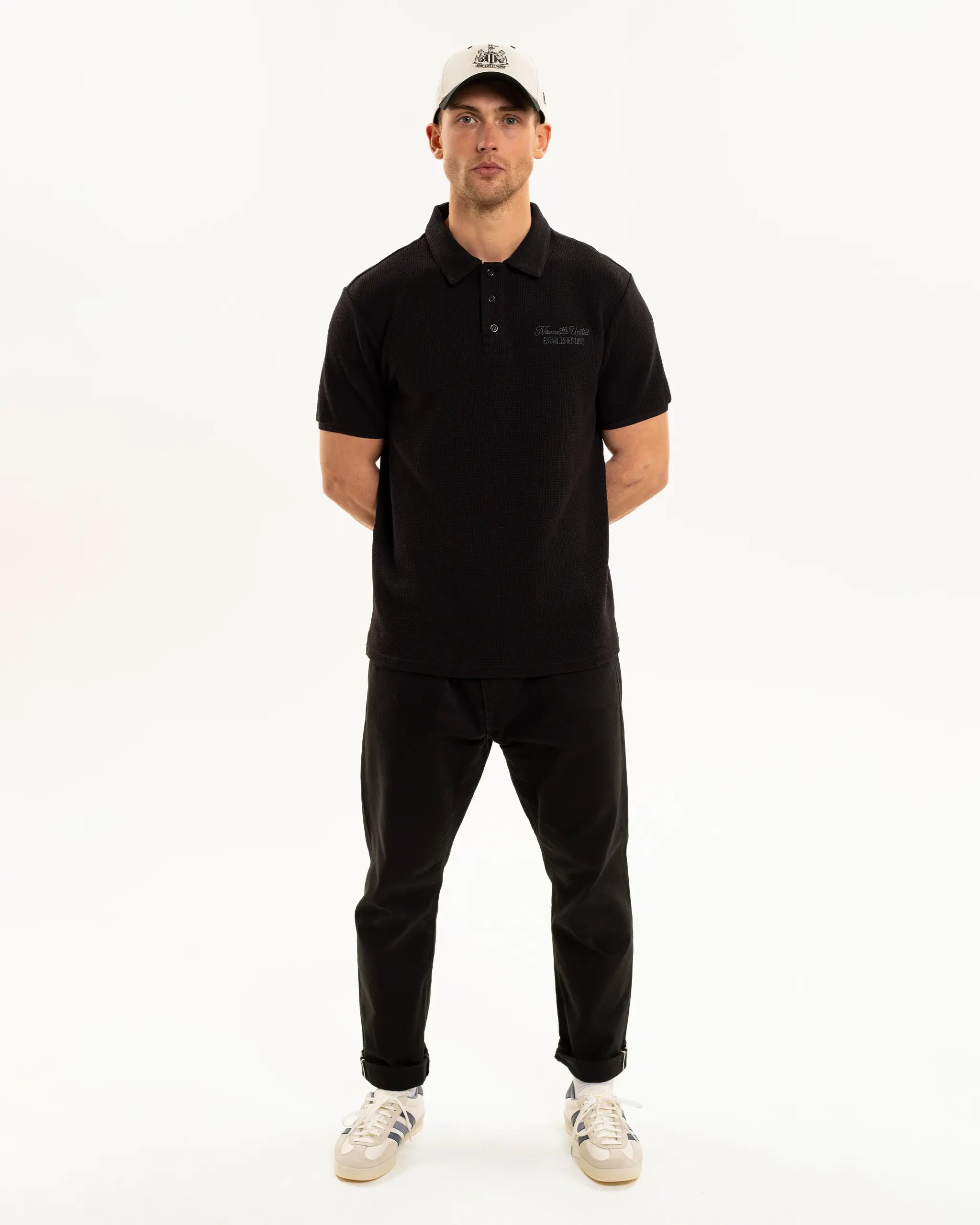 Newcastle United Men's Black Waffle Open Neck Polo Shirt
