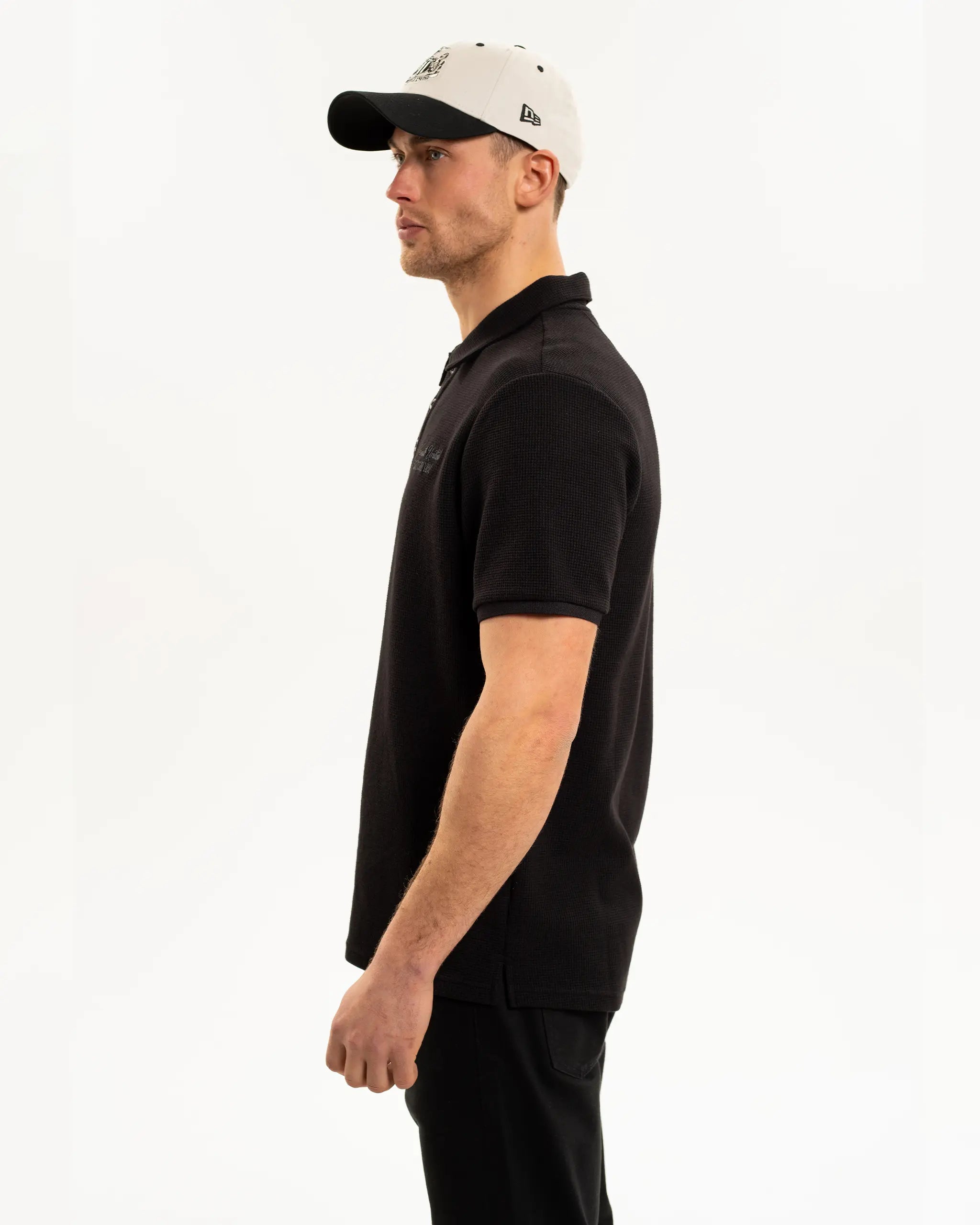 Newcastle United Men's Black Waffle Open Neck Polo Shirt