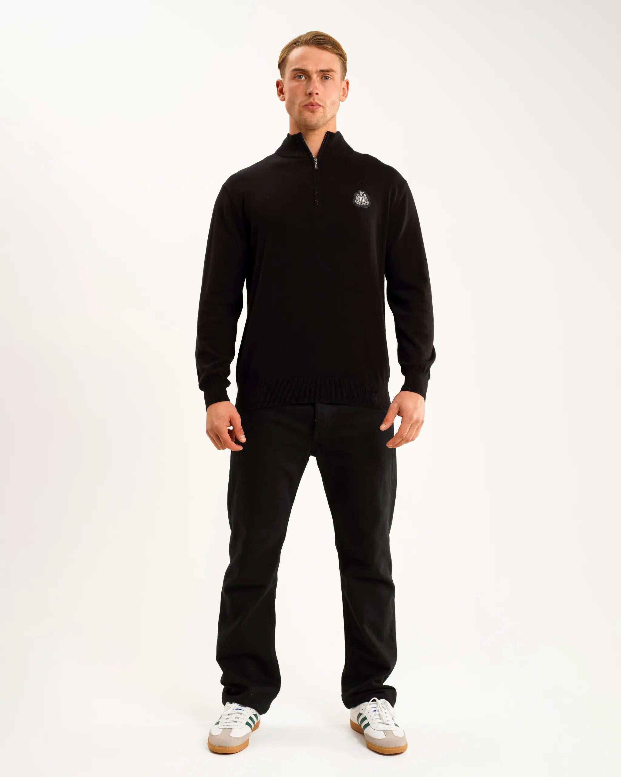 Newcastle United Men's Black Cotton Half Zip Knitted Sweater