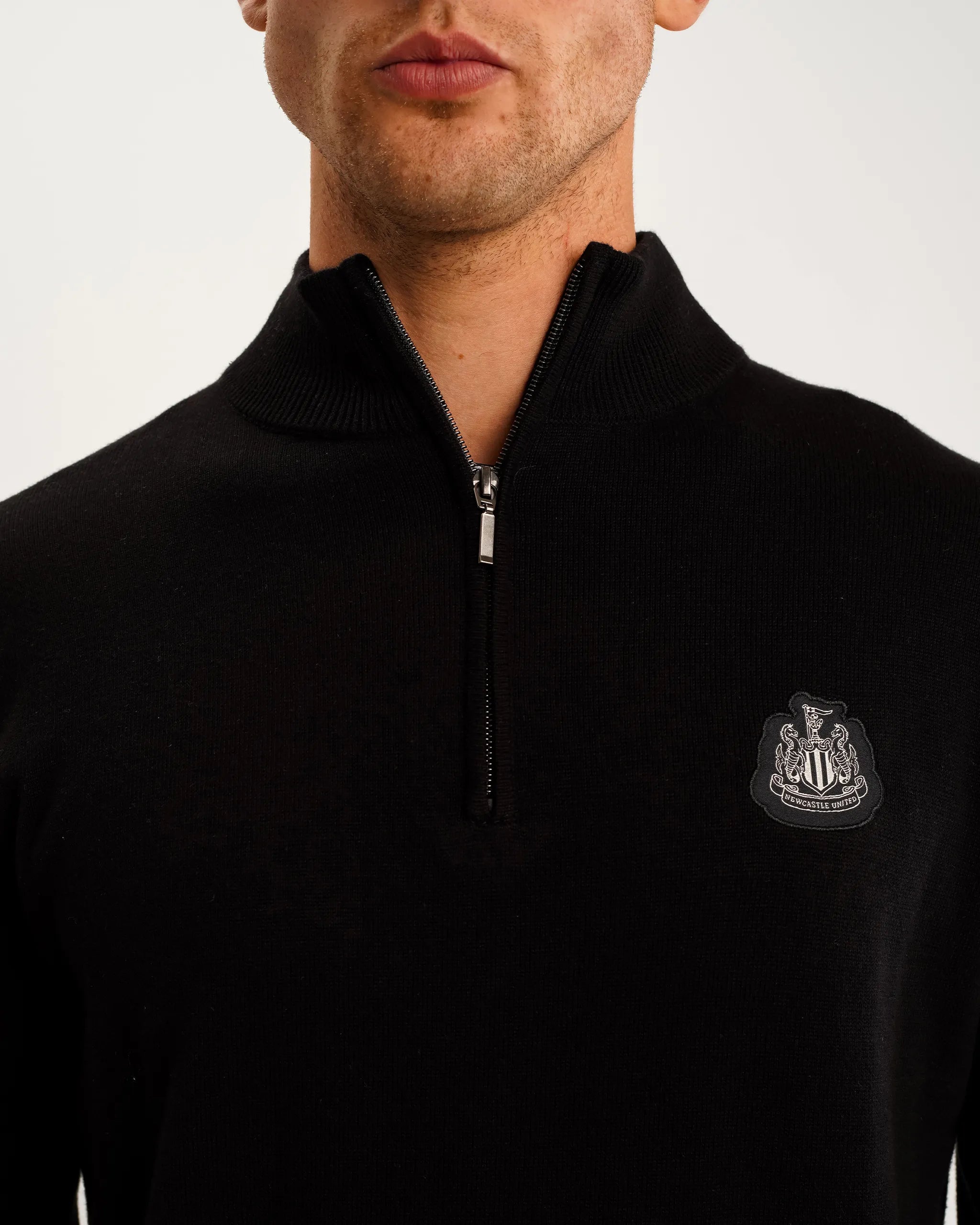 Newcastle United Men's Black Cotton Half Zip Knitted Sweater