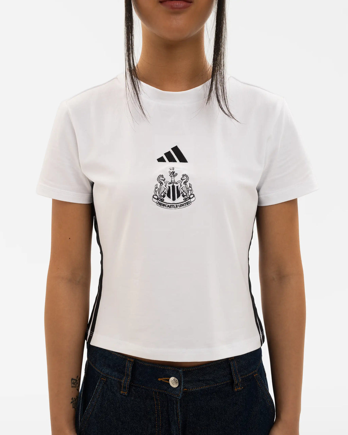 Newcastle United adidas Women's Essentials 3-Stripes Slim White Baby T-Shirt